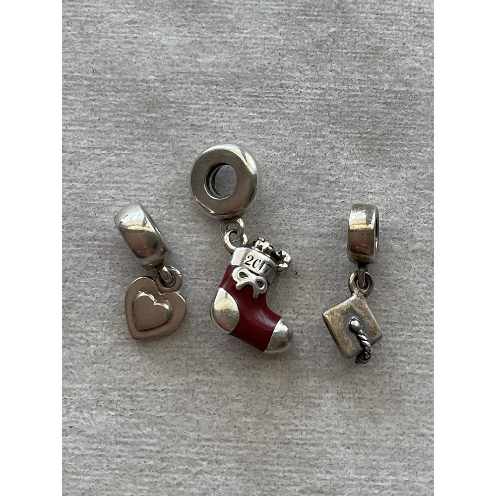 Pandora Lot Of 3 ALE 925 Sterling Silver Dangle Charm Xmas Stocking Heart Grad - Picture 10 of 10